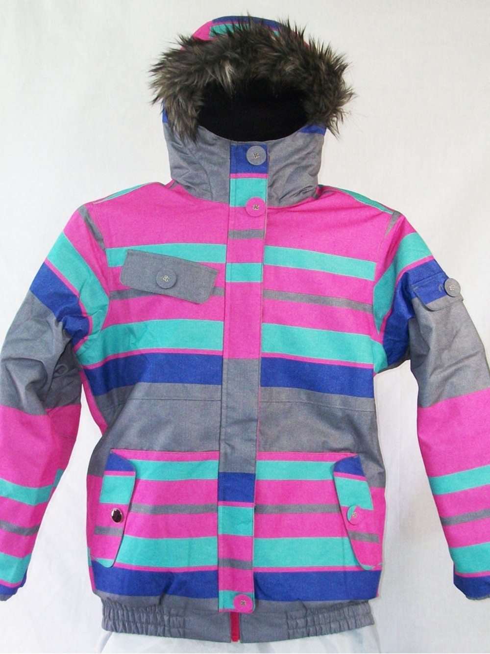 Kids Hooded Puffer Jacket - Pink, Teal & Gray Stripes